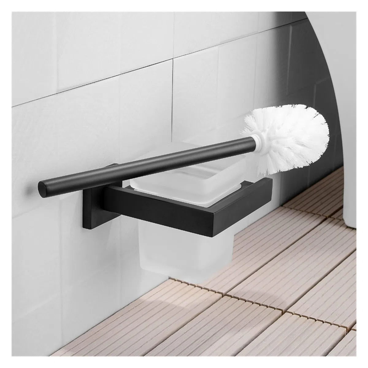 Juego de Cepillo y Soporte para Inodoro, de Acero Inoxidable, Cuadrado, Negro, con portavasos de Cristal, Limpiador de baño, Cepillo para Inodoro (1 Unidad)