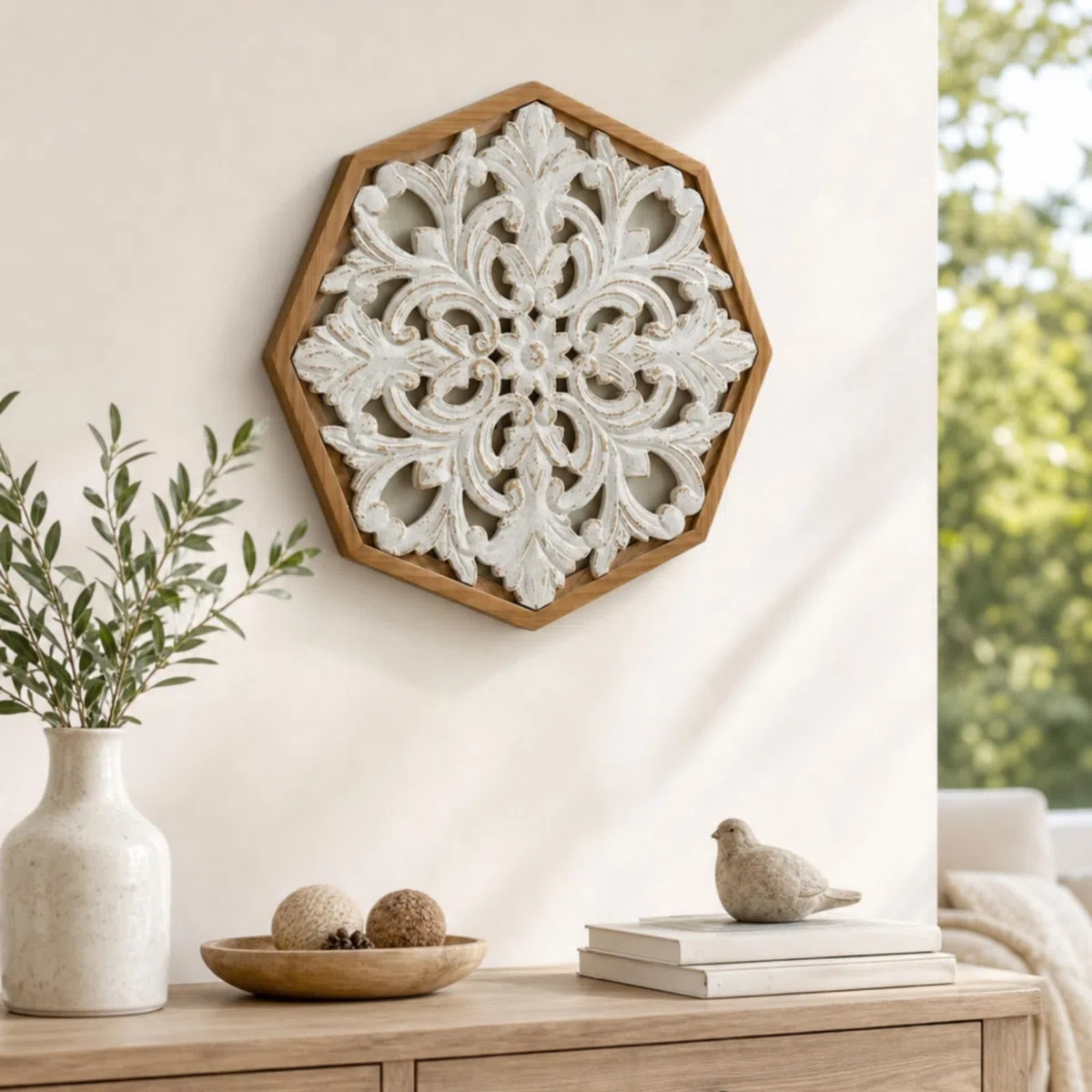 Wsymxuo Arte de Pared Tallado en Madera Cuadro Decorativo de Pared Relieve Floral Filigrana Rústica Placa Tallada con Respaldo de Madera y Herraje para Colgar, A3298 - Flor Octogonal, 46.5cm X 46.5cm