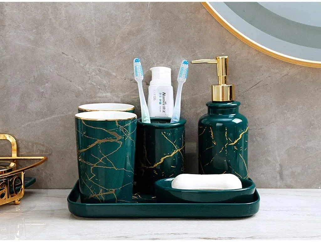 Juego de Baño Accesorios Juego De Accesorios De Baño De Cerámica Nórdica, Soporte Para Cepillo De Dientes De Mármol De Imitación, Dispensador De Jabón, Taza, Jabonera Juego de Accesorios de Baño ( Blu