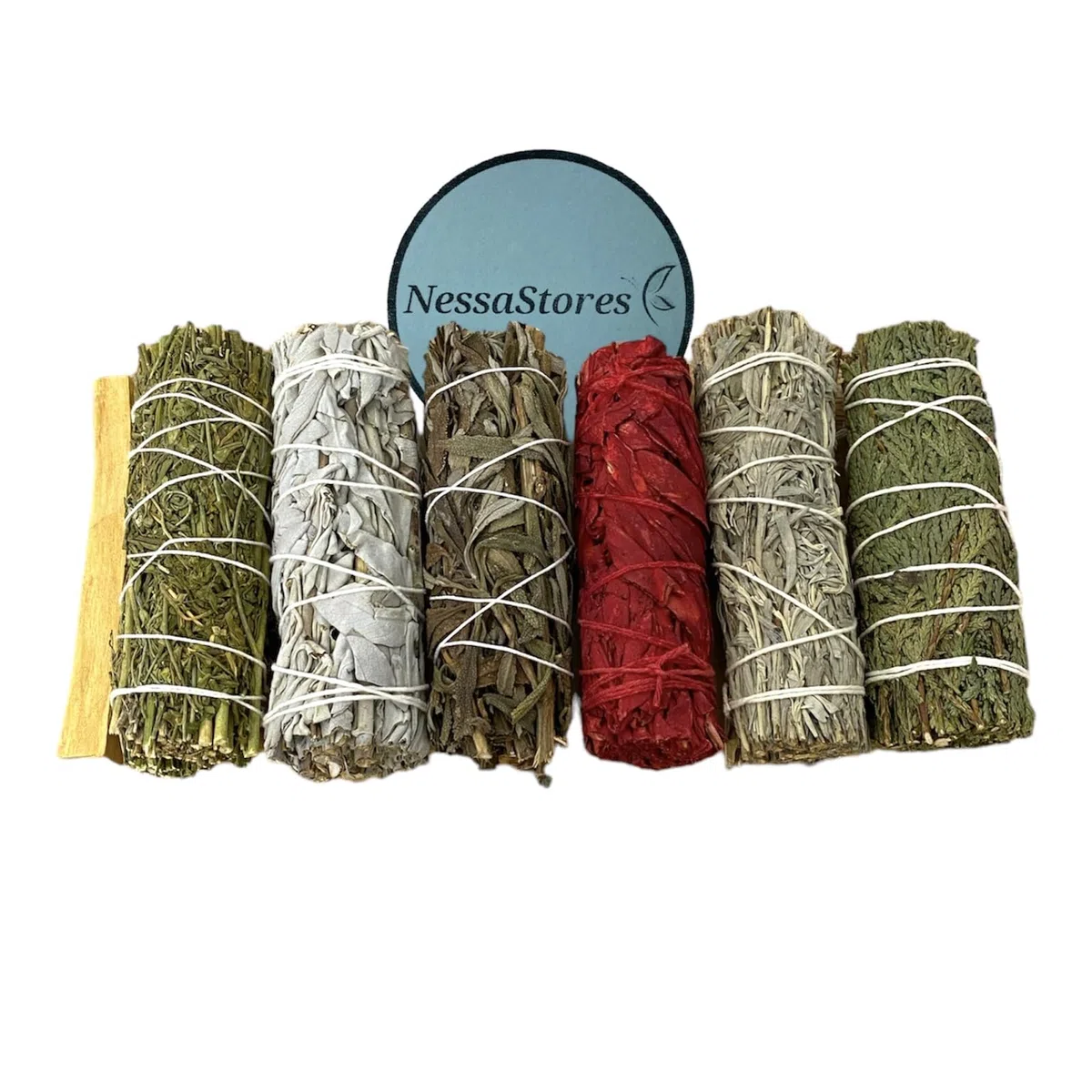 NessaStores 7 muestras de palitos de Palo Santo, Ruda Rue, salvia blanca, salvia negra, salvia sangre de dragón, salvia azul y cedro, 4 pulgadas, totalmente natural, de origen ético para limpieza del