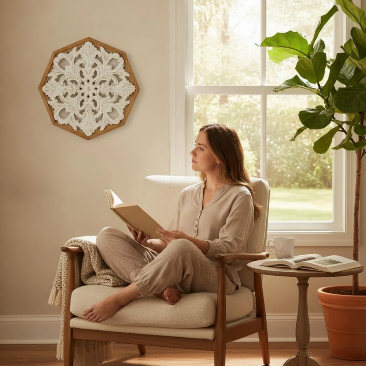 Wsymxuo Arte de Pared Tallado en Madera Cuadro Decorativo de Pared Relieve Floral Filigrana Rústica Placa Tallada con Respaldo de Madera y Herraje para Colgar, A3298 - Flor Octogonal, 46.5cm X 46.5cm