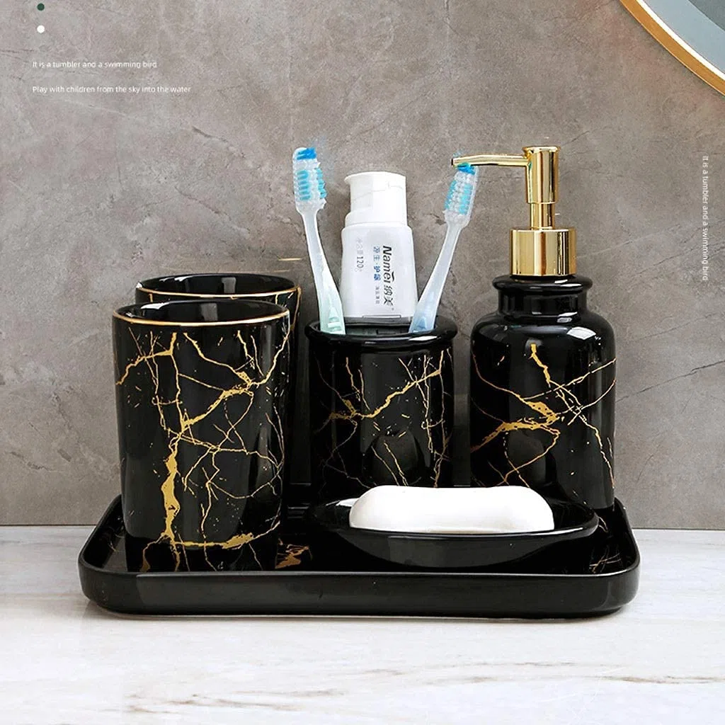 Juego de Baño Accesorios Juego De Accesorios De Baño De Cerámica Nórdica, Soporte Para Cepillo De Dientes De Mármol De Imitación, Dispensador De Jabón, Taza, Jabonera Juego de Accesorios de Baño ( Blu