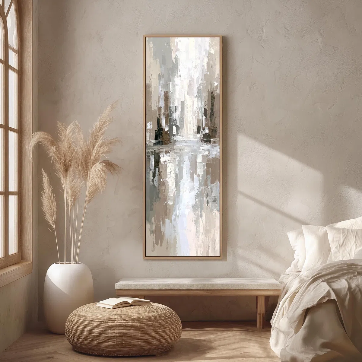 XBTYKPB Cuadro neutro, lienzo vertical de gran formato, texturas en tonos beige y gris suaves, decoración minimalista contemporánea, ideal para la pared de la oficina (50x150cm/marco interior).