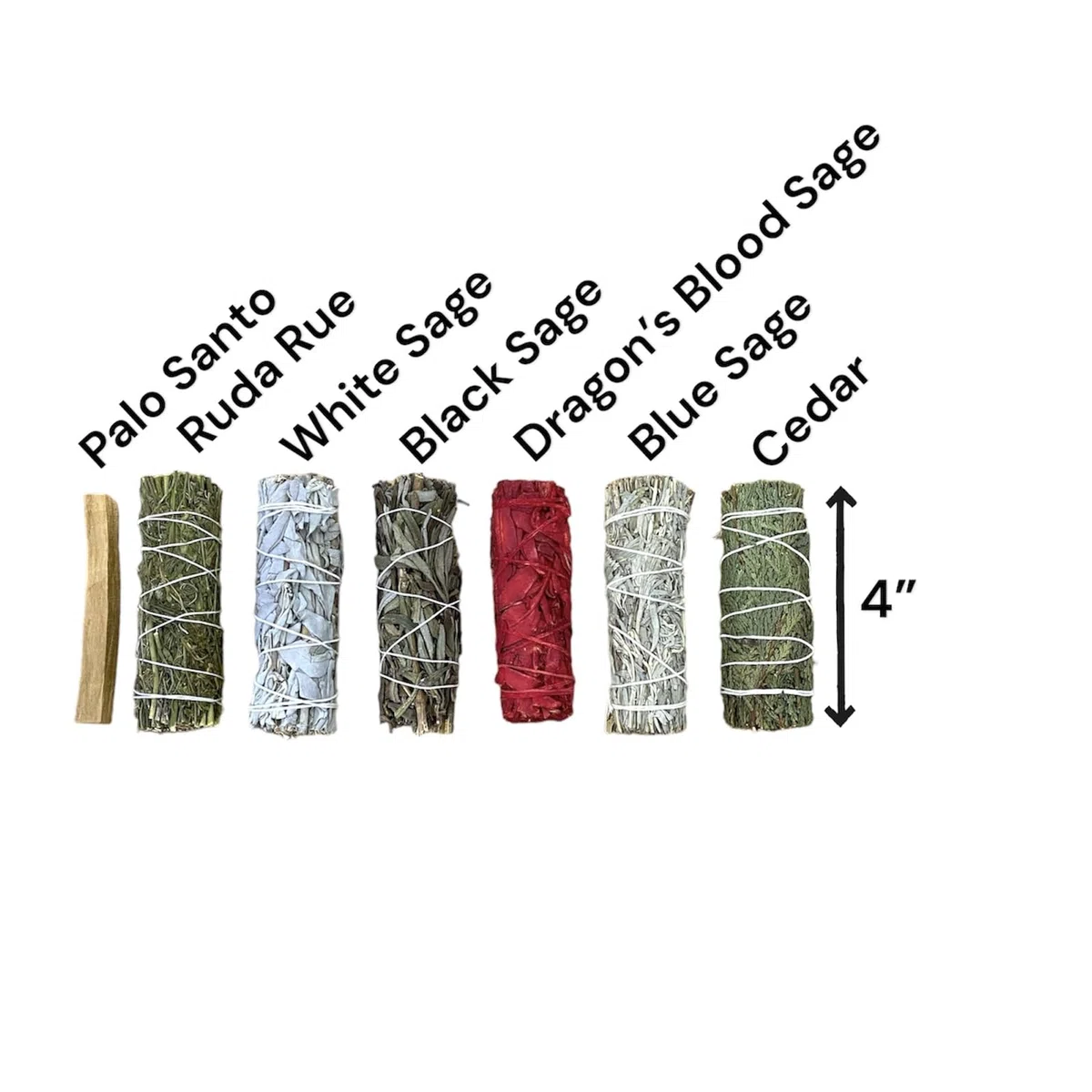 NessaStores 7 muestras de palitos de Palo Santo, Ruda Rue, salvia blanca, salvia negra, salvia sangre de dragón, salvia azul y cedro, 4 pulgadas, totalmente natural, de origen ético para limpieza del