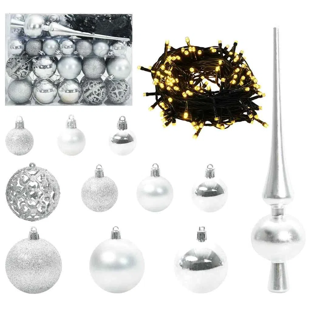 Árbol de Navidad artificial preiluminado verde de 150 cm de PVC con 150 luces LED de color blanco cálido, 8 modos, para interior y exterior protegido, incluye soporte y bolas
