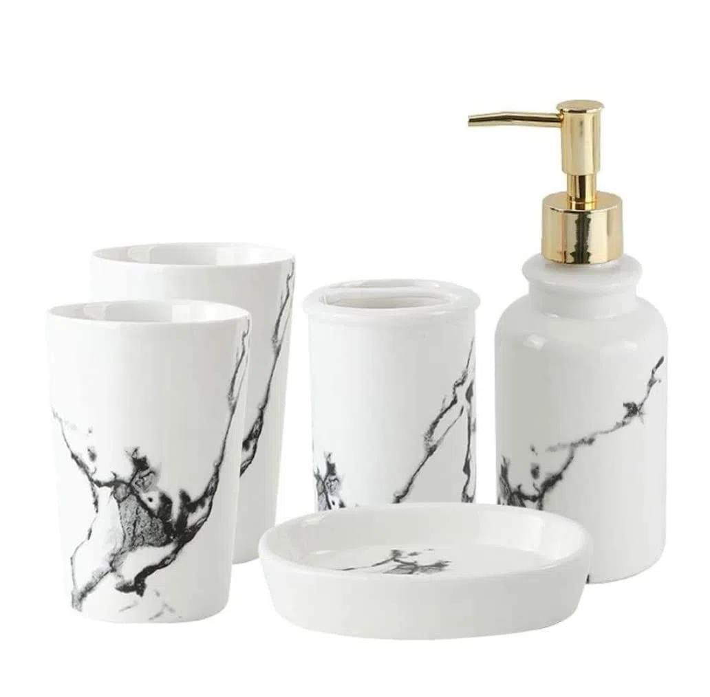 Juego de Baño Accesorios Juego De Accesorios De Baño De Cerámica Nórdica, Soporte Para Cepillo De Dientes De Mármol De Imitación, Dispensador De Jabón, Taza, Jabonera Juego de Accesorios de Baño ( Blu