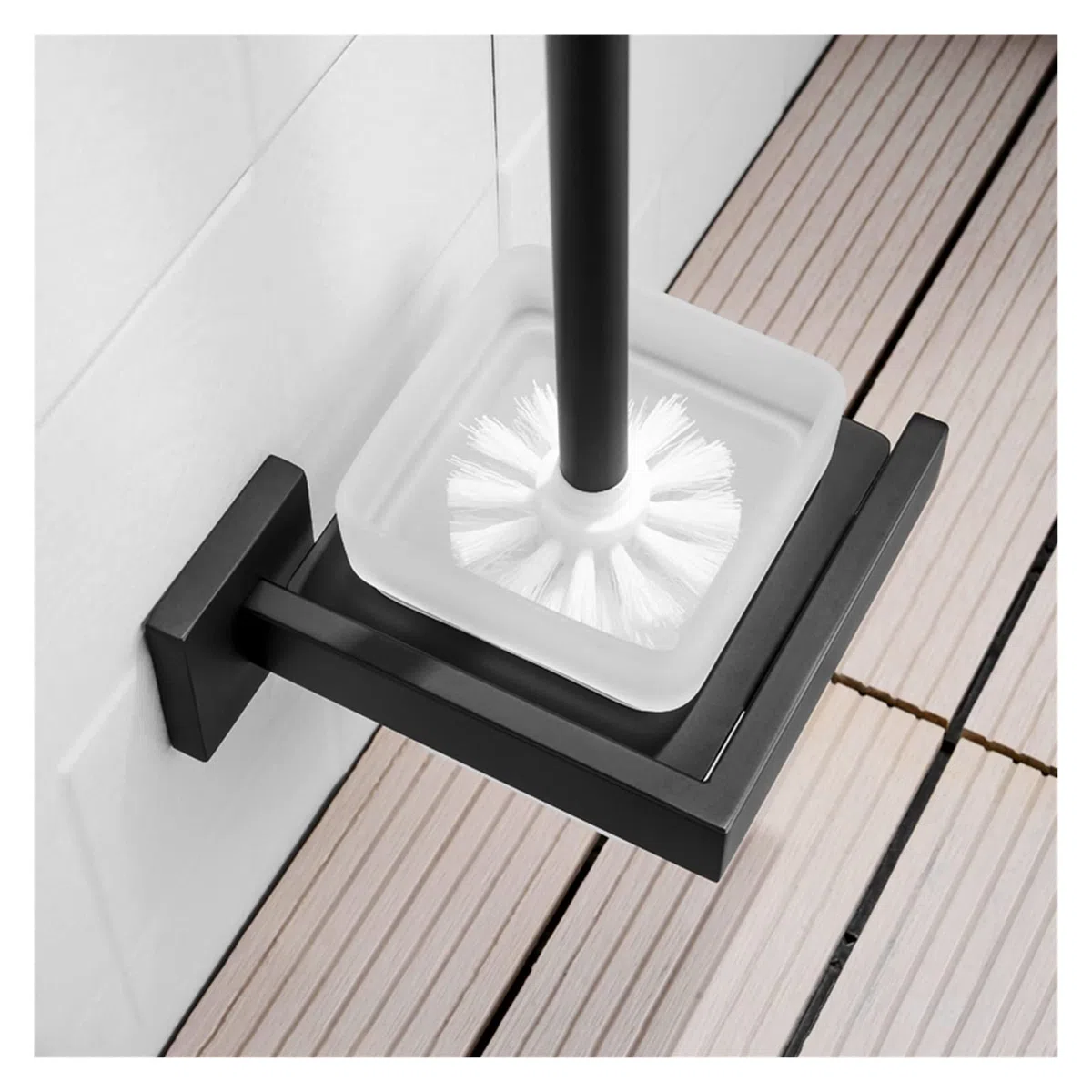Juego de Cepillo y Soporte para Inodoro, de Acero Inoxidable, Cuadrado, Negro, con portavasos de Cristal, Limpiador de baño, Cepillo para Inodoro (1 Unidad)