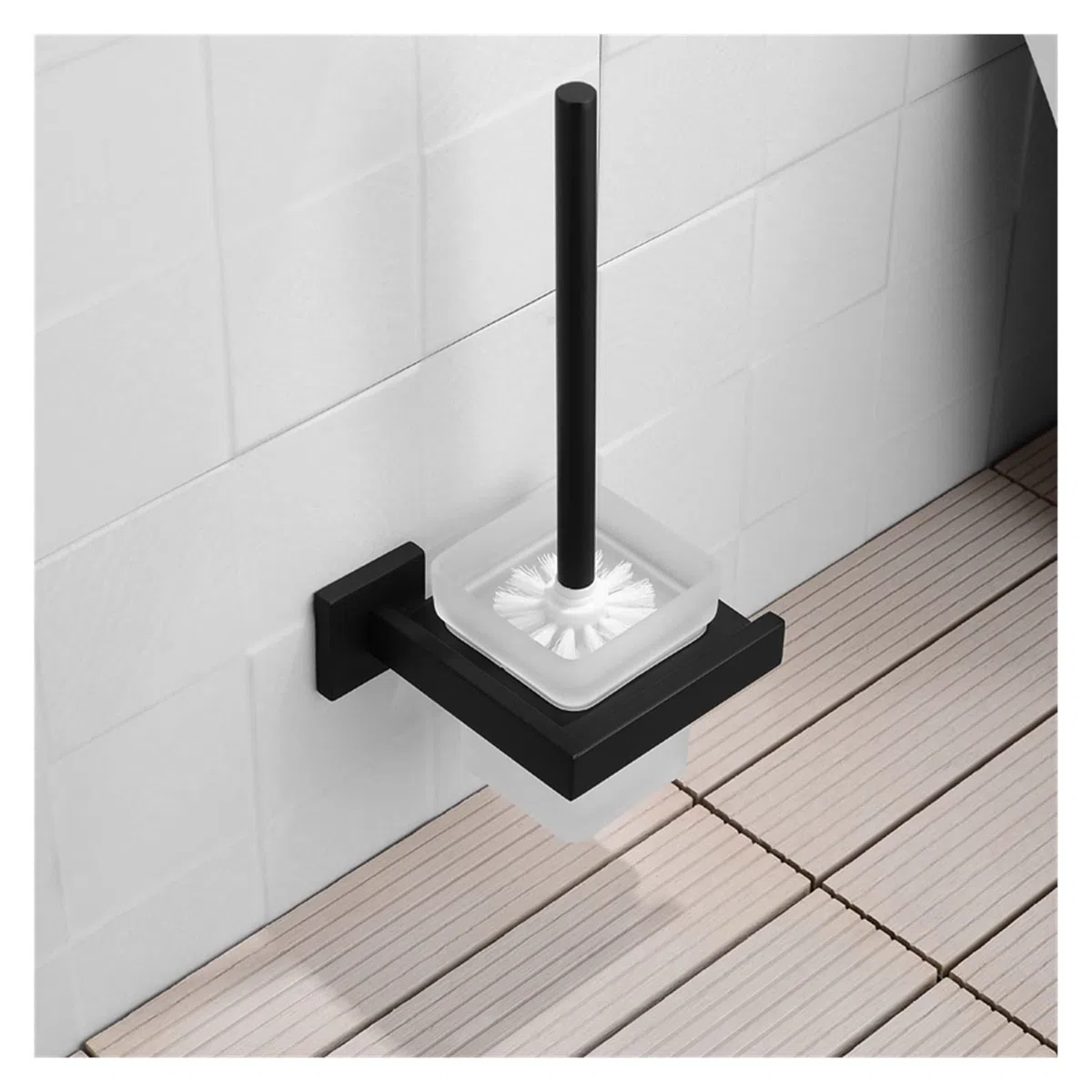 Juego de Cepillo y Soporte para Inodoro, de Acero Inoxidable, Cuadrado, Negro, con portavasos de Cristal, Limpiador de baño, Cepillo para Inodoro (1 Unidad)