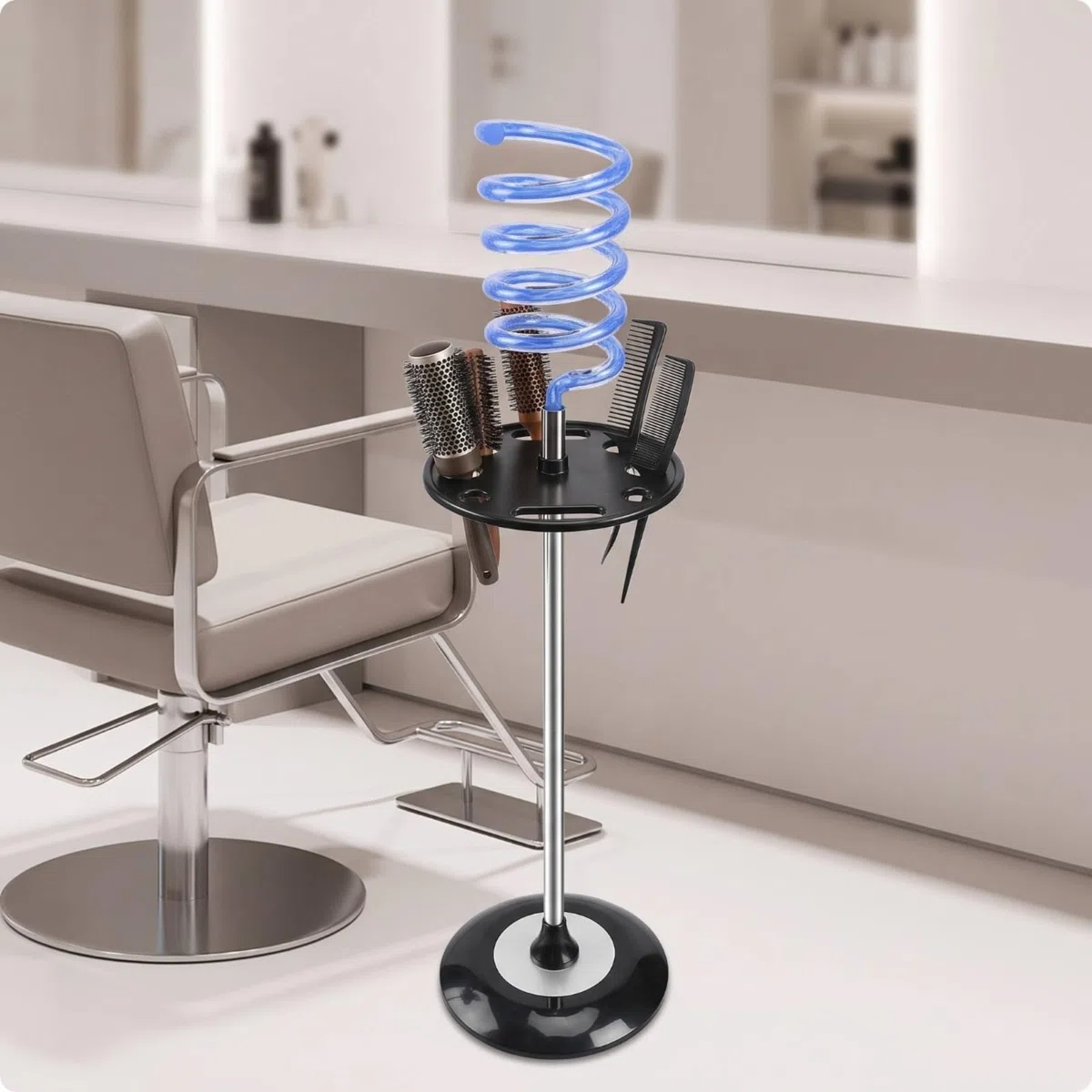 F Fityle Soporte Secador de Pelo Soporte Organizador Estación Base Pesada Soporte de Pie Soporte en Espiral de Metal Acero Inoxidable con Bandeja Perforada , Negro