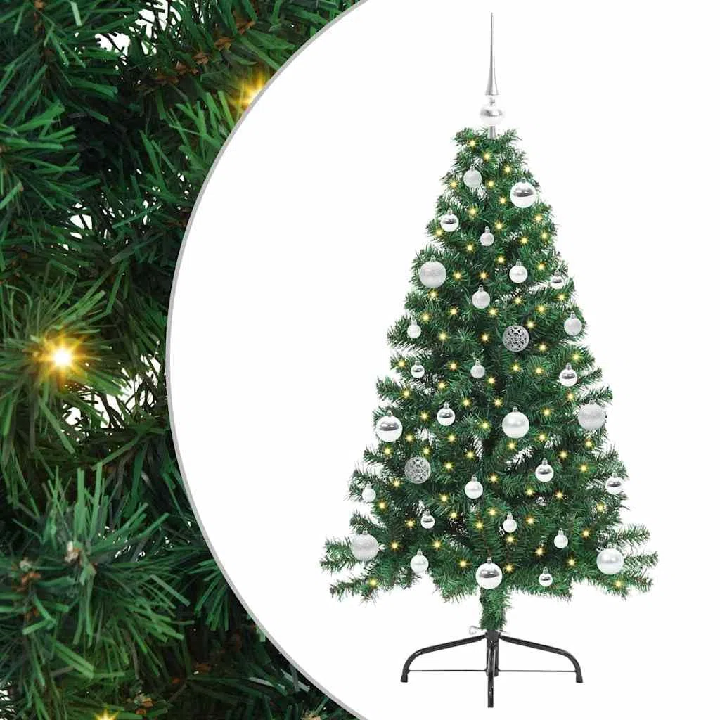 Árbol de Navidad artificial preiluminado verde de 150 cm de PVC con 150 luces LED de color blanco cálido, 8 modos, para interior y exterior protegido, incluye soporte y bolas