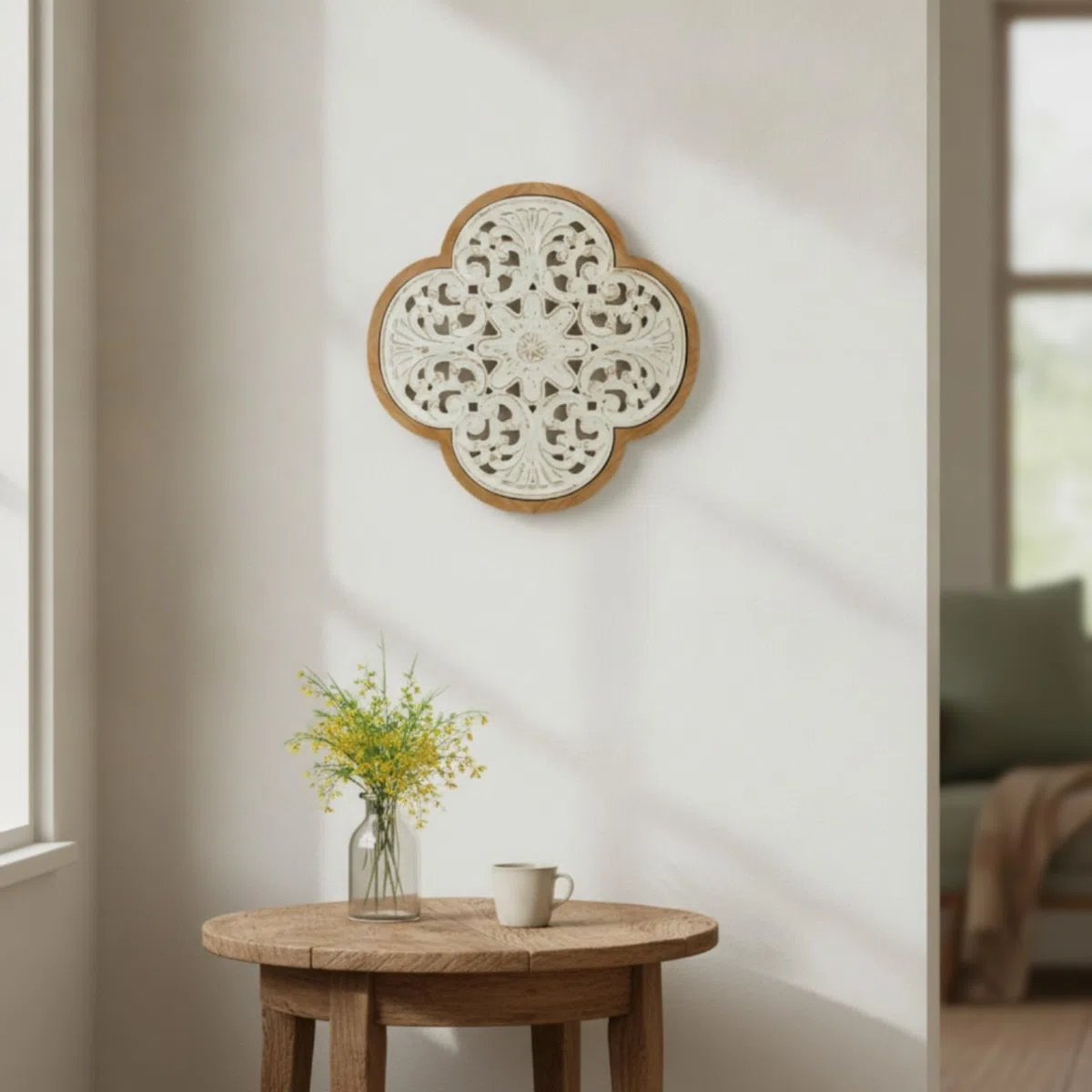 Wsymxuo Arte de Pared Tallado en Madera Cuadro Decorativo de Pared Relieve Floral Filigrana Rústica Placa Tallada con Respaldo de Madera y Herraje para Colgar, A3298 - Flor Octogonal, 46.5cm X 46.5cm