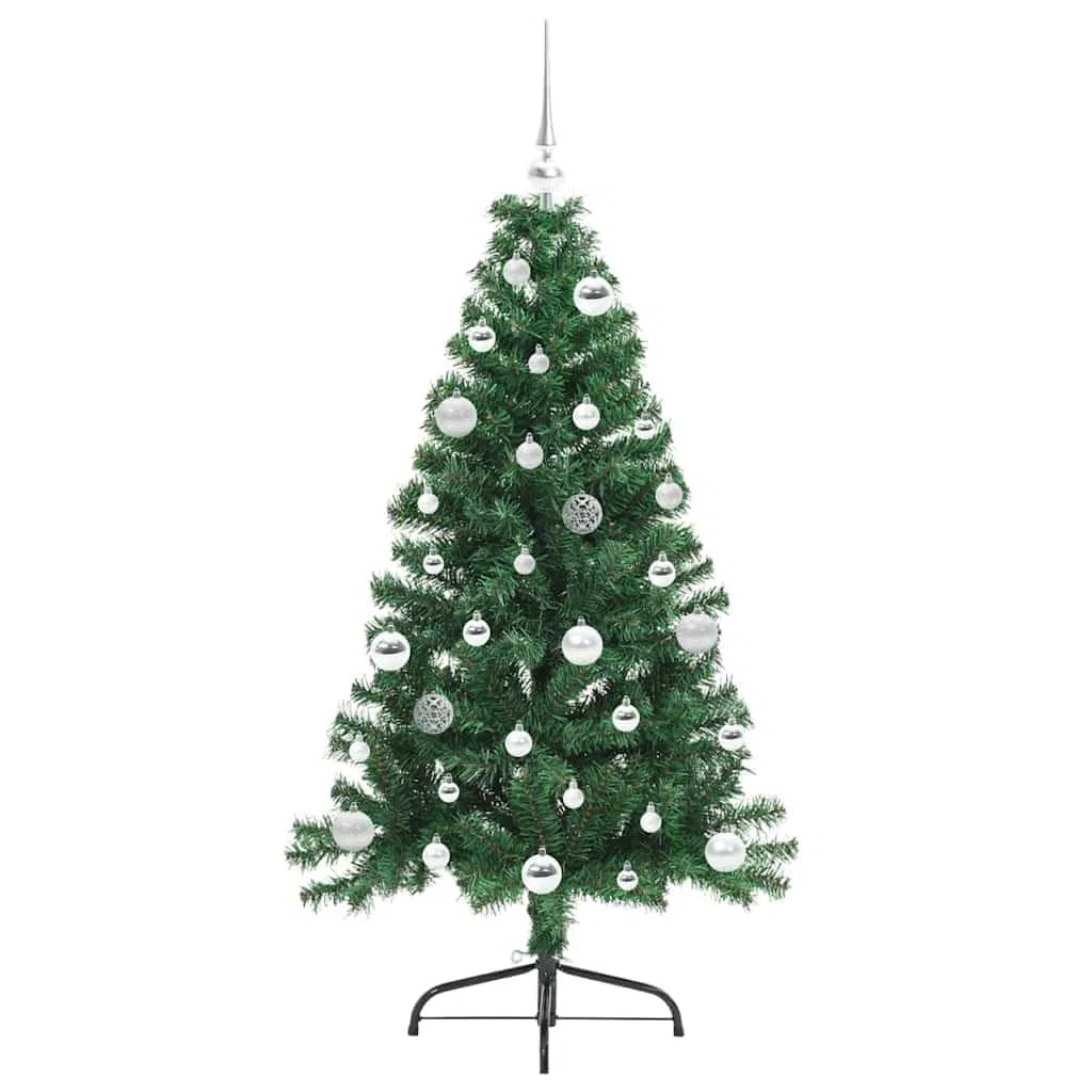 Árbol de Navidad artificial preiluminado verde de 150 cm de PVC con 150 luces LED de color blanco cálido, 8 modos, para interior y exterior protegido, incluye soporte y bolas