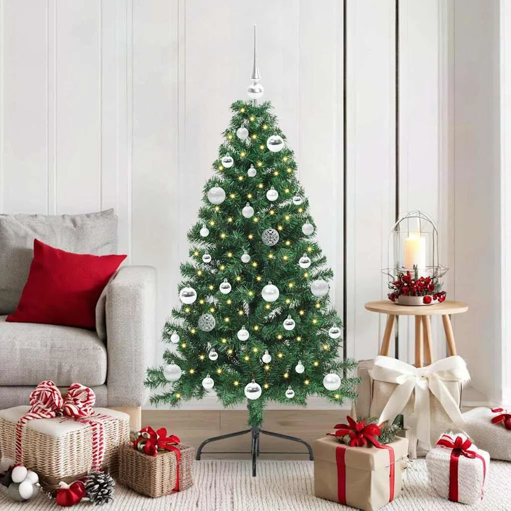 Árbol de Navidad artificial preiluminado verde de 150 cm de PVC con 150 luces LED de color blanco cálido, 8 modos, para interior y exterior protegido, incluye soporte y bolas