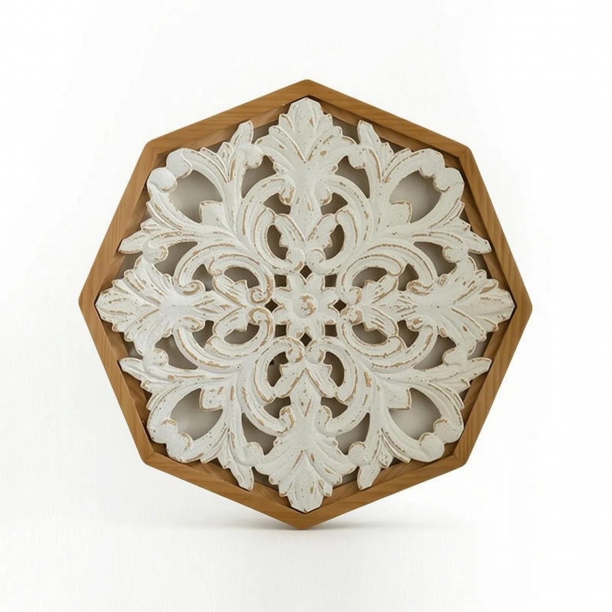 Wsymxuo Arte de Pared Tallado en Madera Cuadro Decorativo de Pared Relieve Floral Filigrana Rústica Placa Tallada con Respaldo de Madera y Herraje para Colgar, A3298 - Flor Octogonal, 46.5cm X 46.5cm
