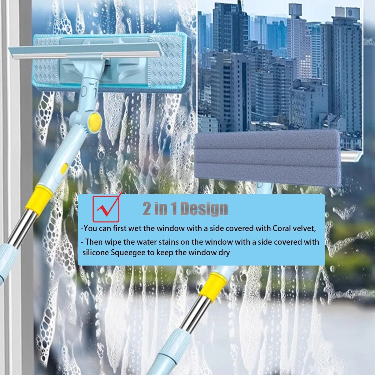 Limpiacristales Limpiador de Ventanas Escobilla de ducha para la ventana, 2 en 1 palo giratorio de limpieza de ventanas con almohadillas de microfibra, 40-60 pulgadas extensible al aire libre de Windo