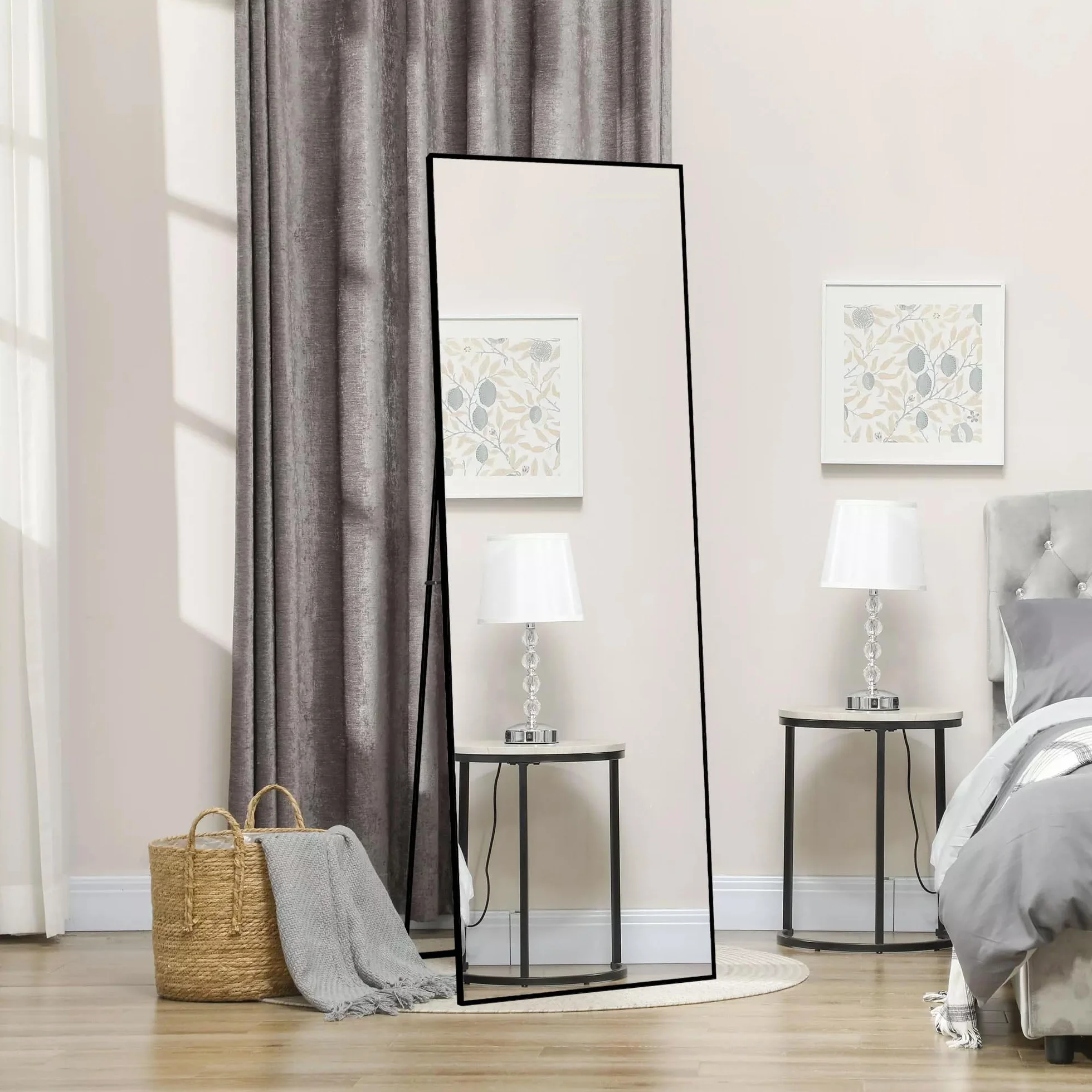 KeepGoon Espejo de cuerpo entero, espejo de pie para colgar, de pie o apoyarse, espejo de dormitorio, espejo de pared (negro, cuadrado, 173 x 63 cm)