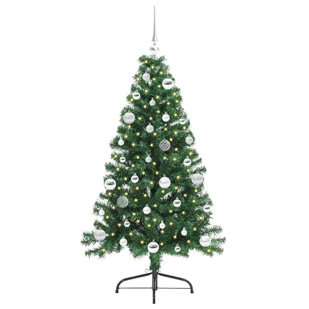 Árbol de Navidad artificial preiluminado verde de 150 cm de PVC con 150 luces LED de color blanco cálido, 8 modos, para interior y exterior protegido, incluye soporte y bolas