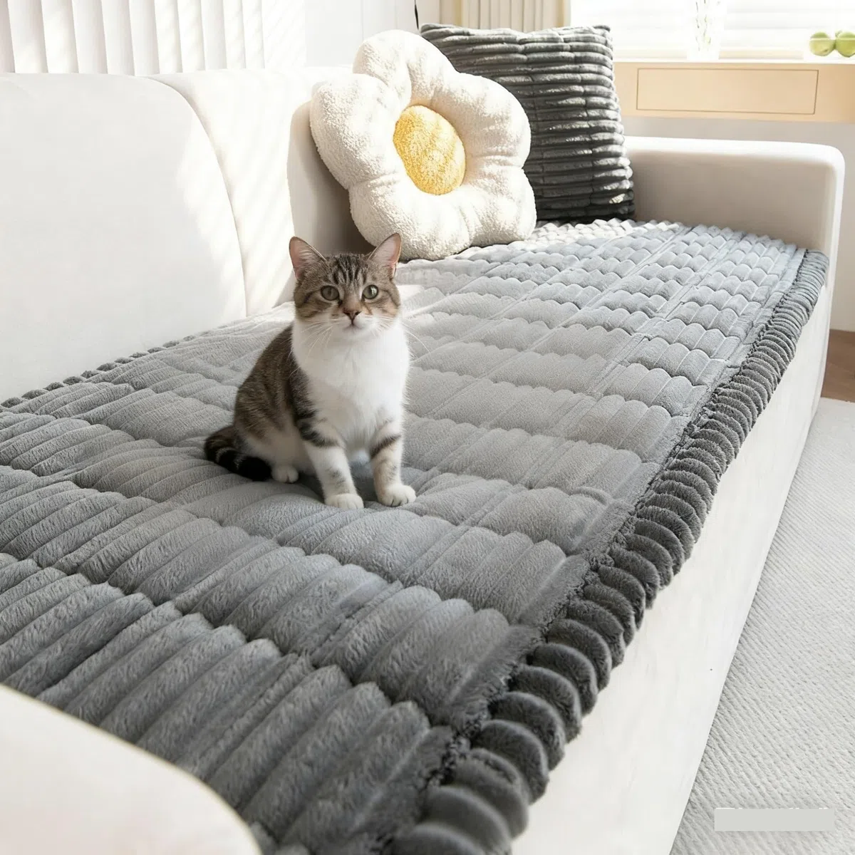 Funda de sofá ultra suave y antideslizante para mascotas, impermeable, de piel sintética, protector de sofá para perros, gatos, rayas 3D, protector de pelo esponjoso (gris oscuro, 61 x 210 cm)