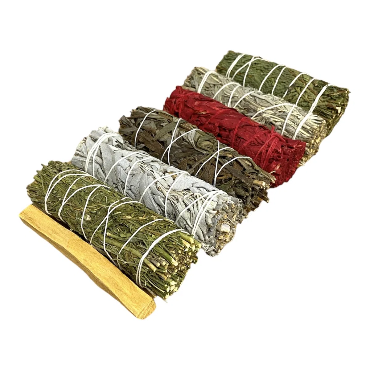NessaStores 7 muestras de palitos de Palo Santo, Ruda Rue, salvia blanca, salvia negra, salvia sangre de dragón, salvia azul y cedro, 4 pulgadas, totalmente natural, de origen ético para limpieza del