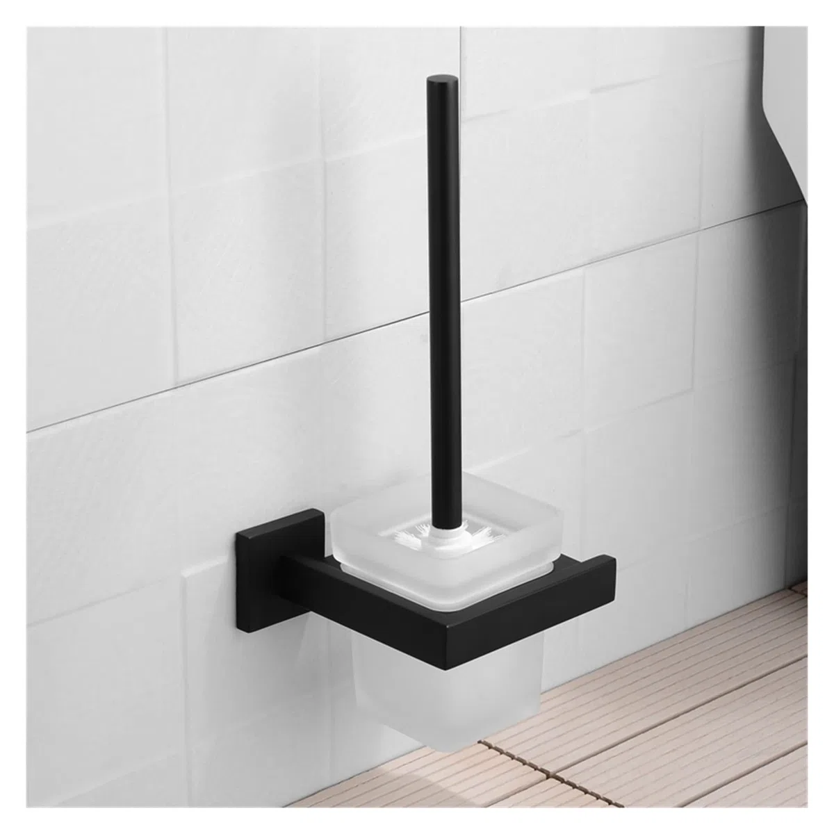 Juego de Cepillo y Soporte para Inodoro, de Acero Inoxidable, Cuadrado, Negro, con portavasos de Cristal, Limpiador de baño, Cepillo para Inodoro (1 Unidad)