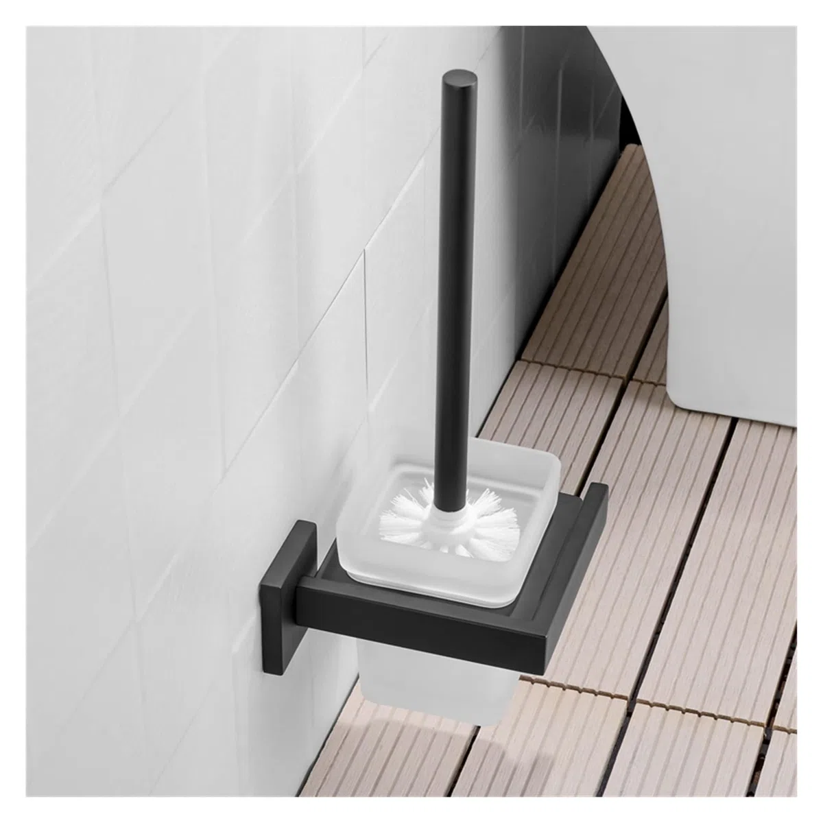Juego de Cepillo y Soporte para Inodoro, de Acero Inoxidable, Cuadrado, Negro, con portavasos de Cristal, Limpiador de baño, Cepillo para Inodoro (1 Unidad)