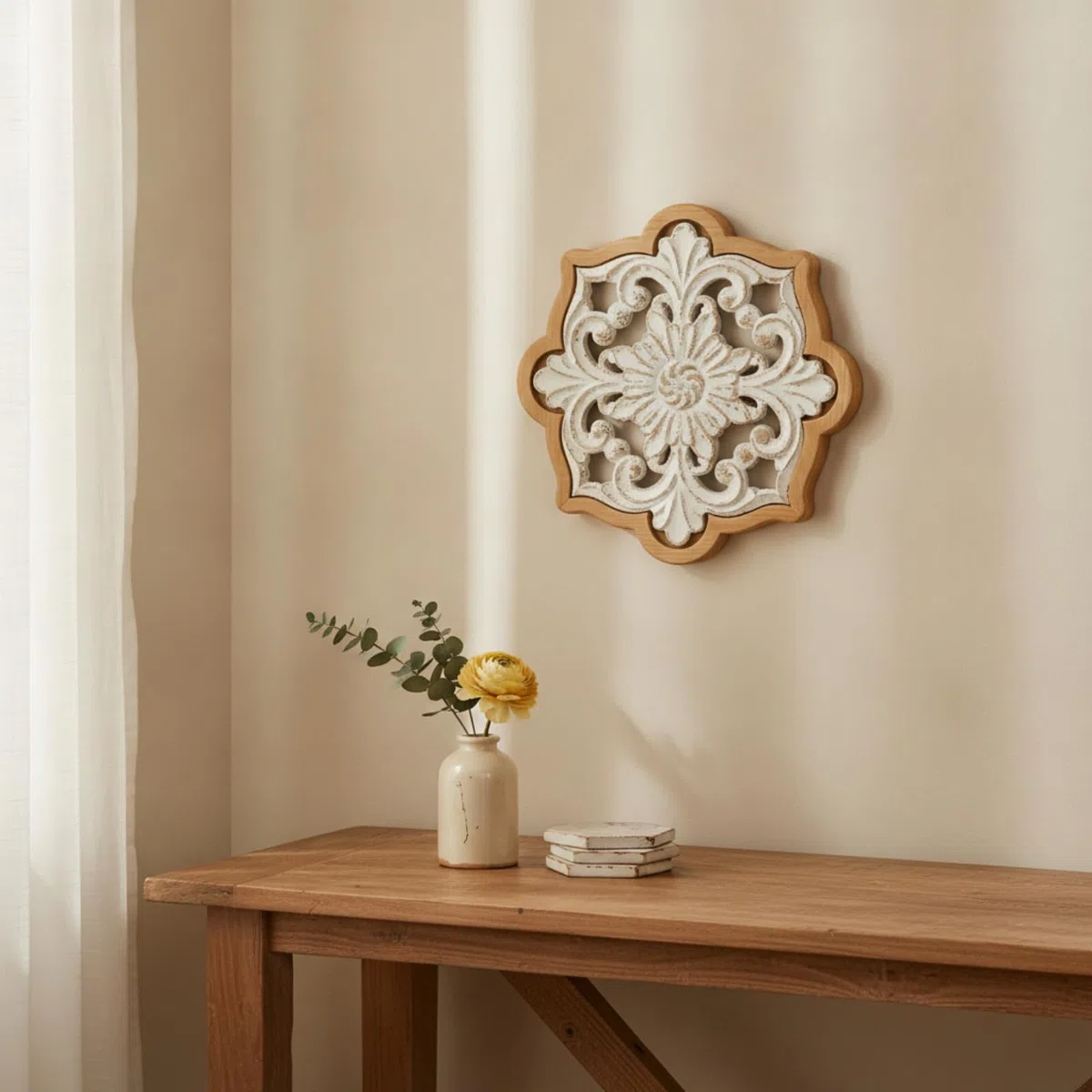 Wsymxuo Arte de Pared Tallado en Madera Cuadro Decorativo de Pared Relieve Floral Filigrana Rústica Placa Tallada con Respaldo de Madera y Herraje para Colgar, A3298 - Flor Octogonal, 46.5cm X 46.5cm