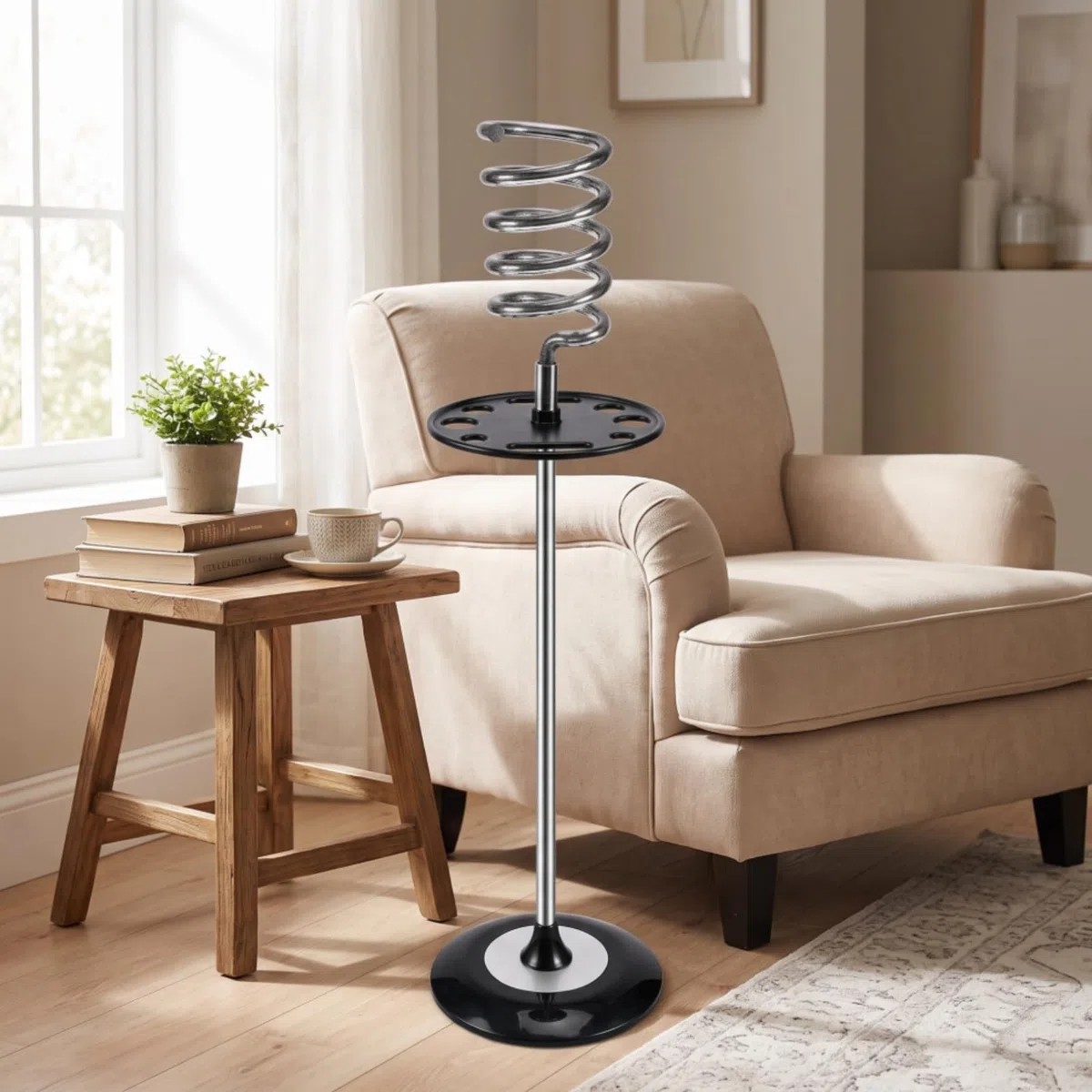 F Fityle Soporte Secador de Pelo Soporte Organizador Estación Base Pesada Soporte de Pie Soporte en Espiral de Metal Acero Inoxidable con Bandeja Perforada , Negro